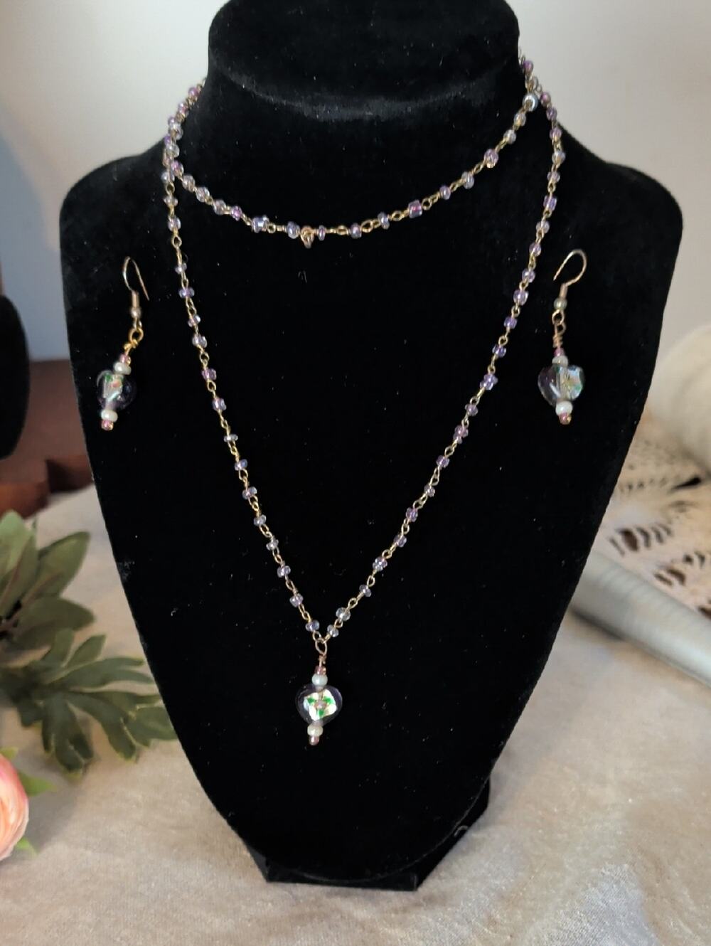Artisan Lampwork Glass Necklace & Earrings Set Murano Inspired Purple